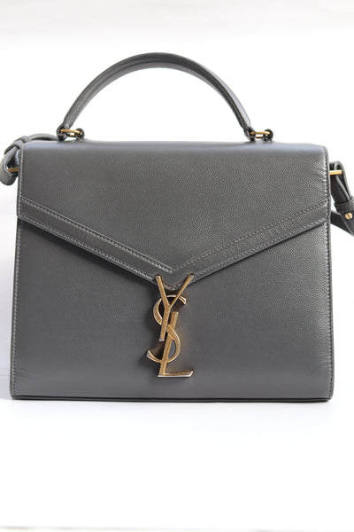 YVES SAINT LAURENT YSL CASSANDRA MEDIUM TOP HANDLE BAG IN GRAIN DE POUDRE EMBOSSED LEATHER GRAY