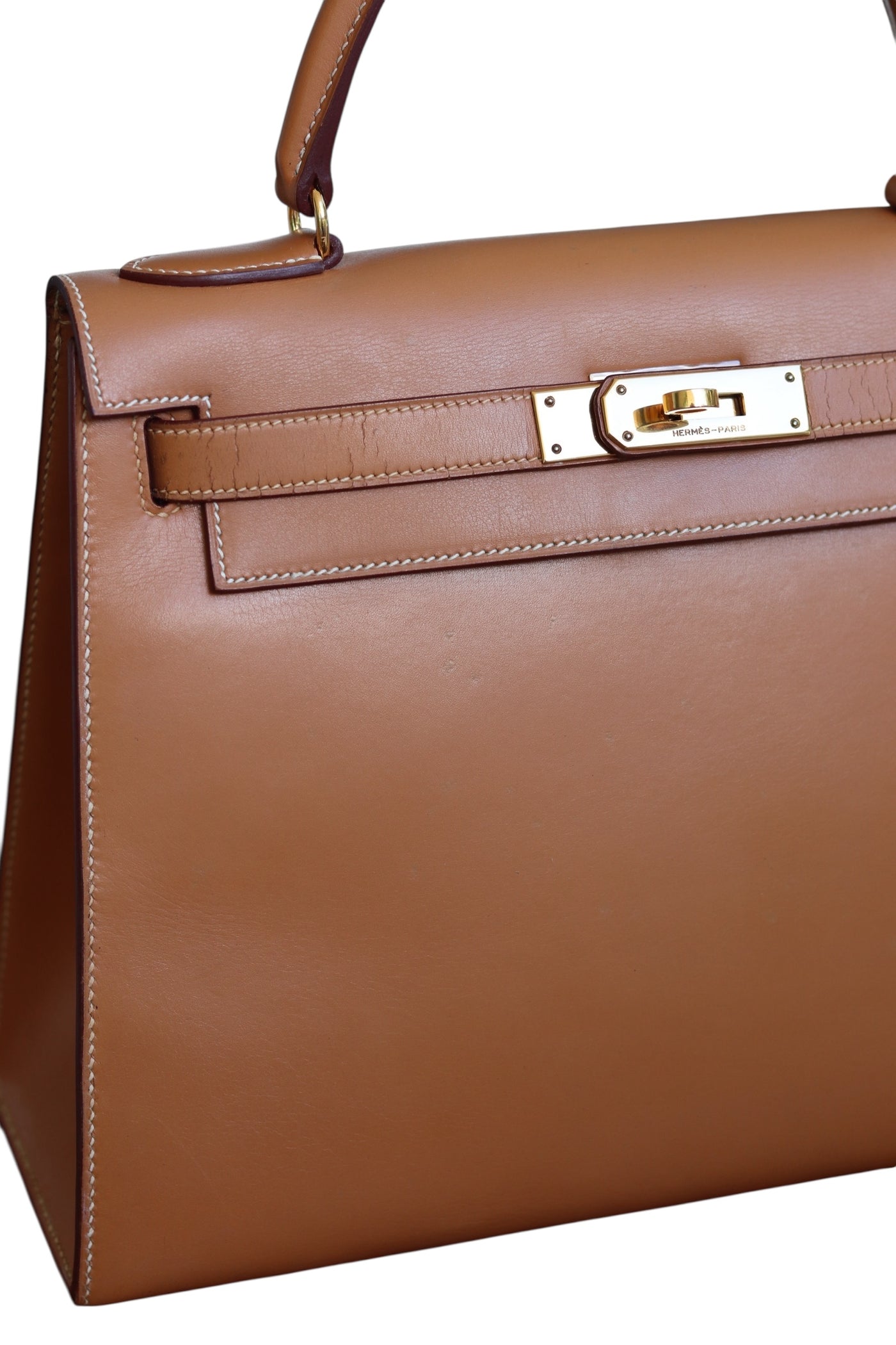 HERMES Kelly 28 SELLIER Chamonix Calf Leather Natural Gold Hardware Vintage OI Engraved