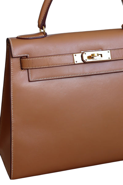 HERMES Kelly 28 SELLIER Chamonix Calf Leather Natural Gold Hardware Vintage OI Engraved