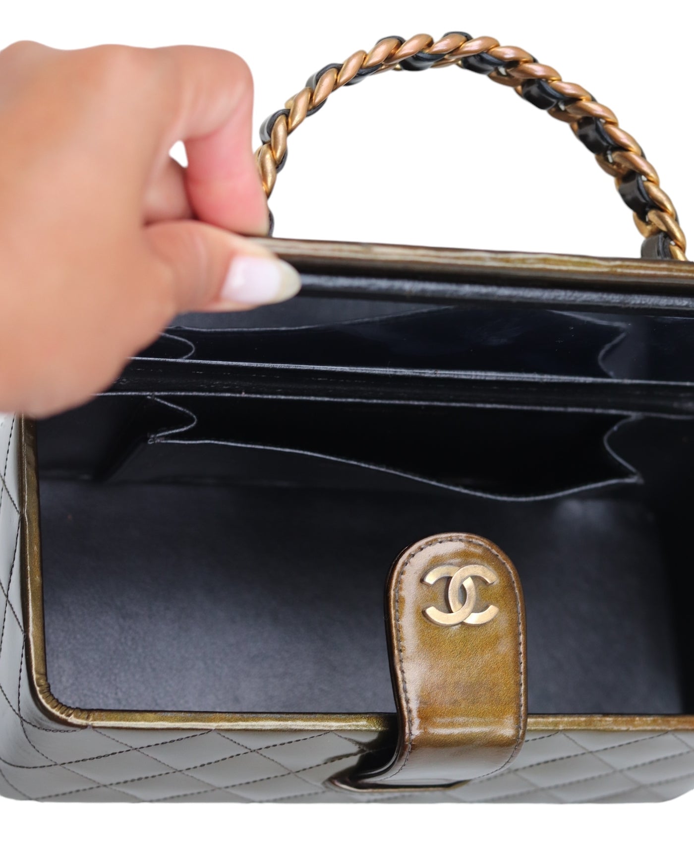 CHANEL Vanity Bag Rare Vintage Iridescent Olive Green Patent Leather