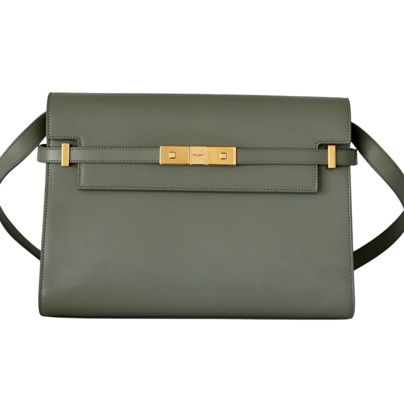 Front view of a Saint Laurent Manhattan shoulder bag in olive green leather with gold-tone clasp and shoulder strap