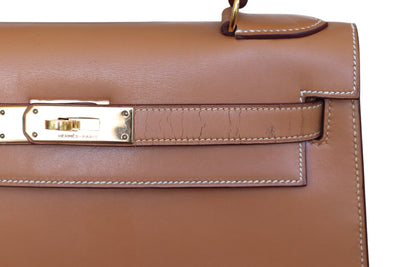 HERMES Kelly 28 SELLIER Chamonix Calf Leather Natural Gold Hardware Vintage OI Engraved