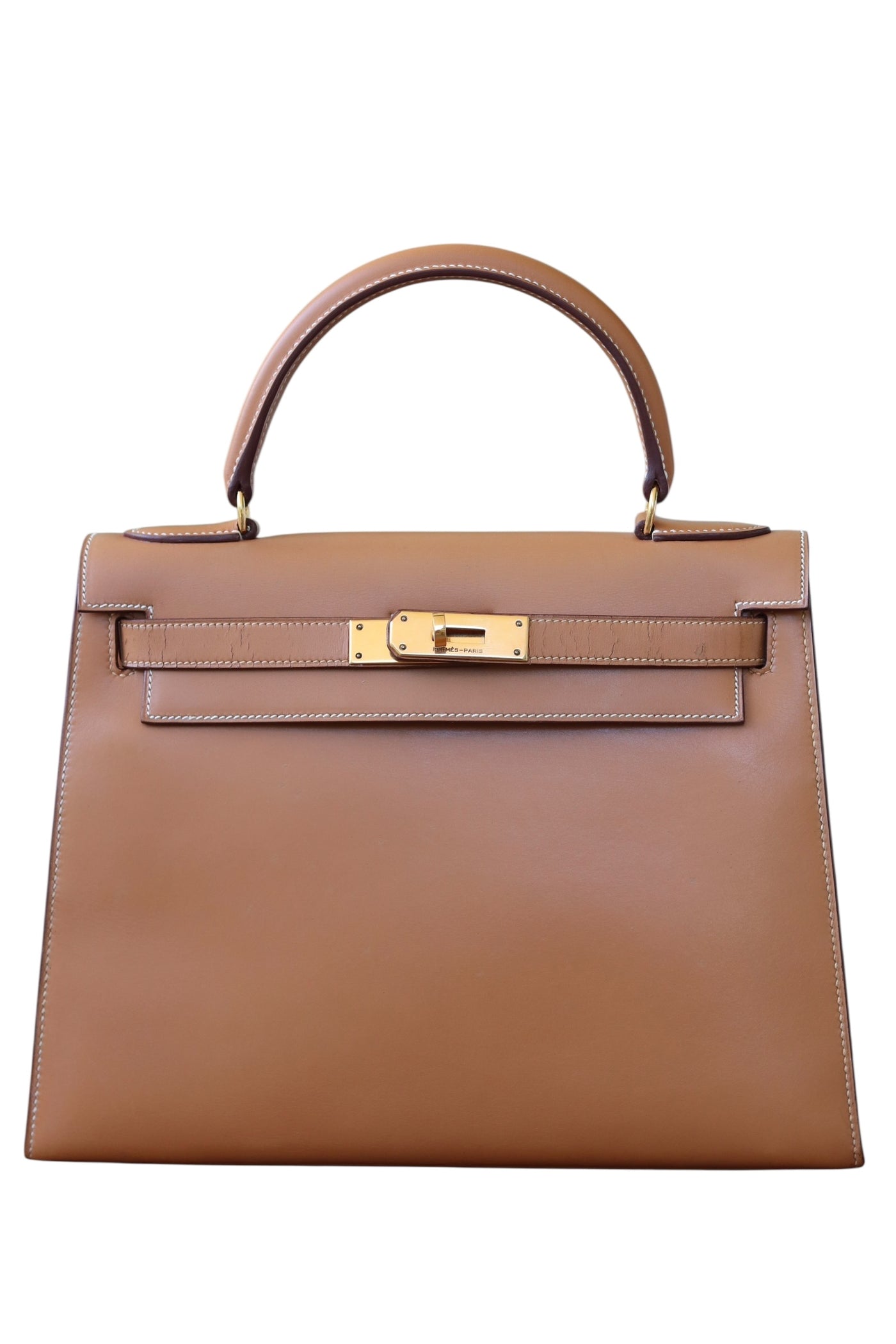 HERMES Kelly 28 SELLIER Chamonix Calf Leather Natural Gold Hardware Vintage OI Engraved