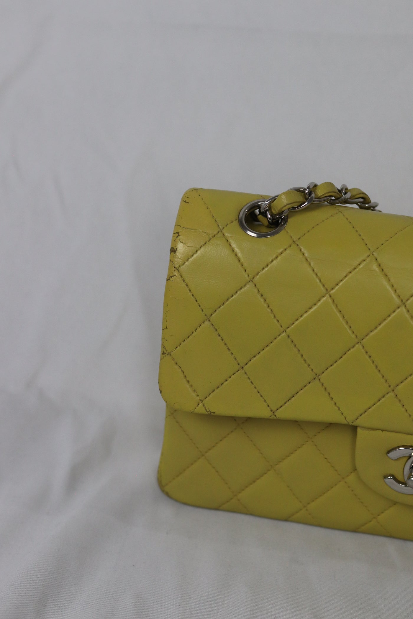 CHANEL Small Vintage Classic Double Flap Bag Yellow Silver Hardware
