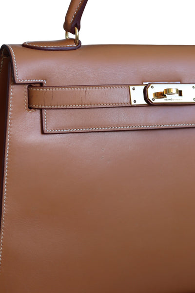HERMES Kelly 28 SELLIER Chamonix Calf Leather Natural Gold Hardware Vintage OI Engraved