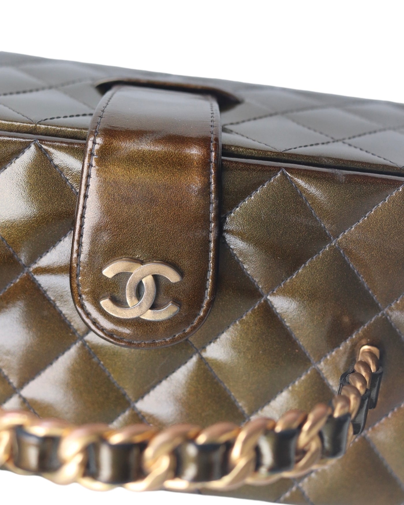 CHANEL Vanity Bag Rare Vintage Iridescent Olive Green Patent Leather