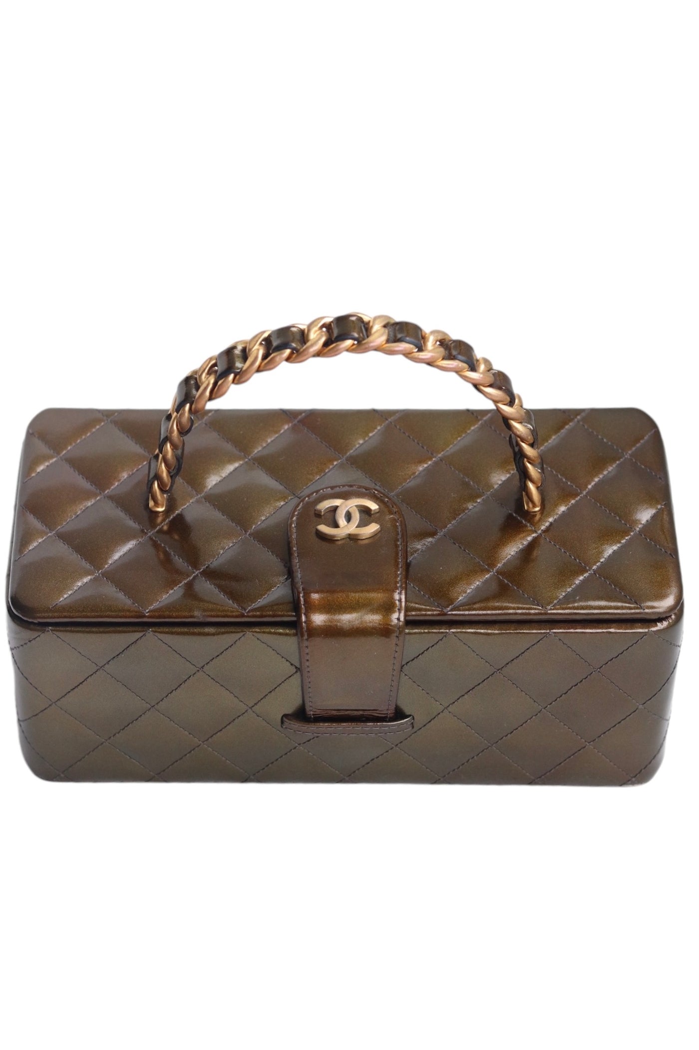 CHANEL Vanity Bag Rare Vintage Iridescent Olive Green Patent Leather