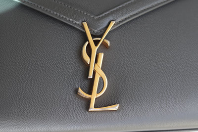 YVES SAINT LAURENT YSL CASSANDRA MEDIUM TOP HANDLE BAG IN GRAIN DE POUDRE EMBOSSED LEATHER GRAY