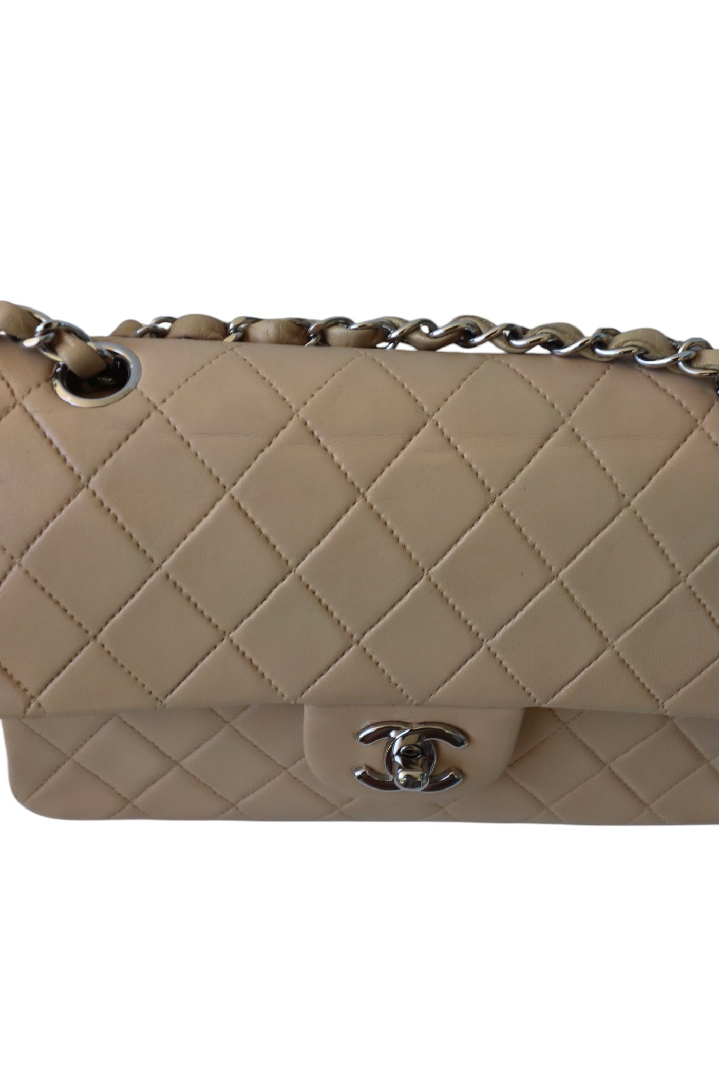 CHANEL Classic Double Flap Bag Small Vintage Beige Silver Hardware