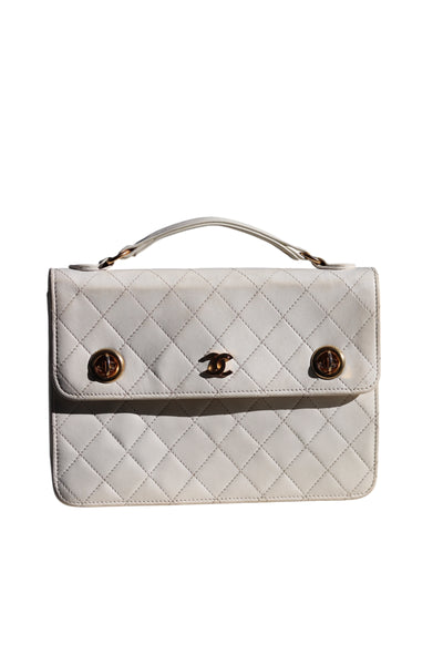 CHANEL Rare Vintage Double Turnlock Briefcase Quilted Lambskin White