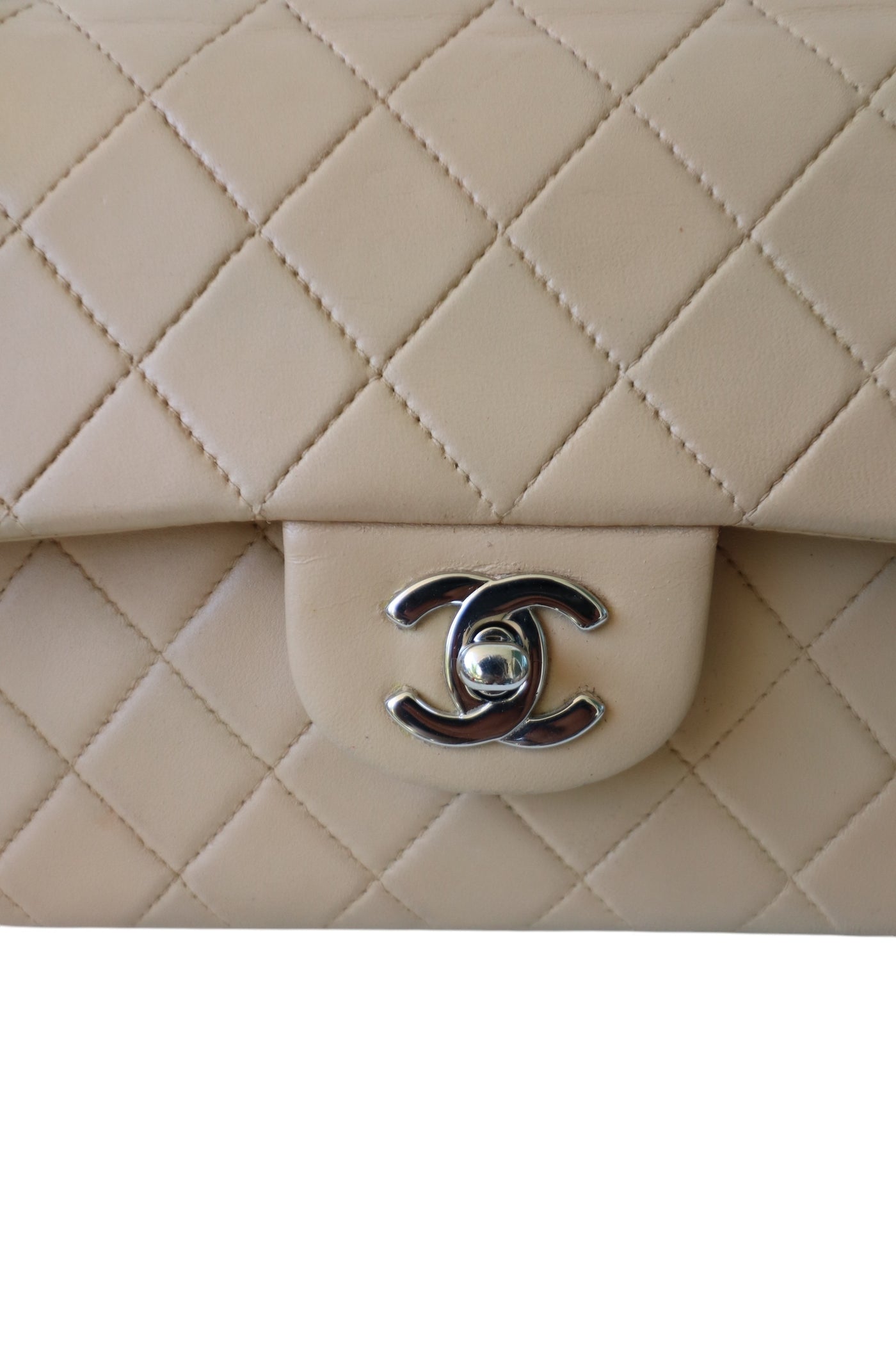 CHANEL Classic Double Flap Bag Small Vintage Beige Silver Hardware