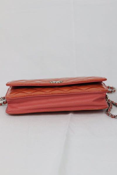 CHANEL Patent Quilted Wallet On Chain WOC Coral