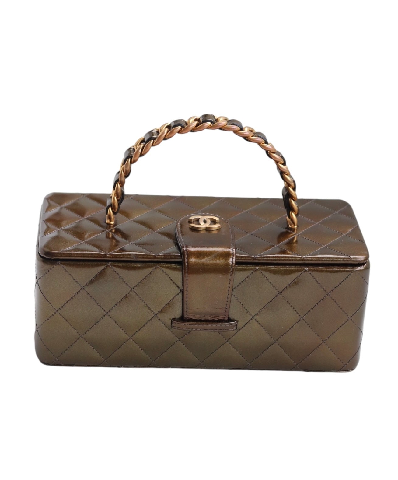 CHANEL Vanity Bag Rare Vintage Iridescent Olive Green Patent Leather