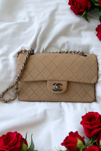 CHANEL Classic Double Flap Bag Small Vintage Beige Silver Hardware