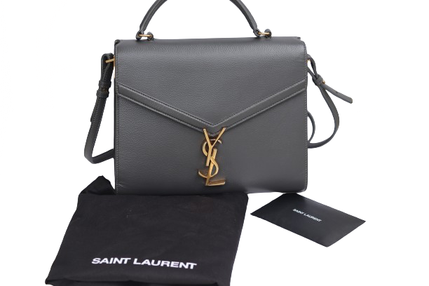 YVES SAINT LAURENT YSL CASSANDRA MEDIUM TOP HANDLE BAG IN GRAIN DE POUDRE EMBOSSED LEATHER GRAY