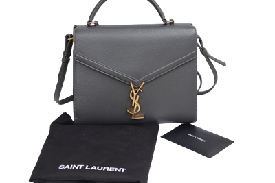 YVES SAINT LAURENT YSL CASSANDRA MEDIUM TOP HANDLE BAG IN GRAIN DE POUDRE EMBOSSED LEATHER GRAY