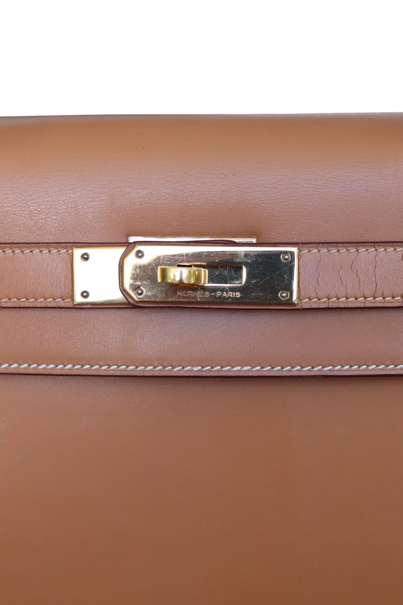 HERMES Kelly 28 SELLIER Chamonix Calf Leather Natural Gold Hardware Vintage OI Engraved