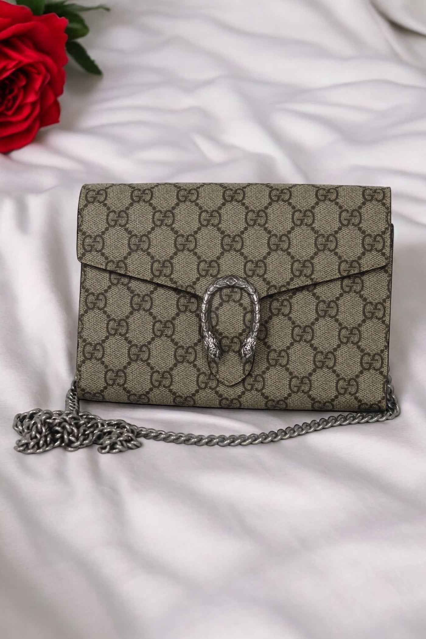 GUCCI GG Supreme Monogram Small Dionysus Chain Wallet Beige Taupe