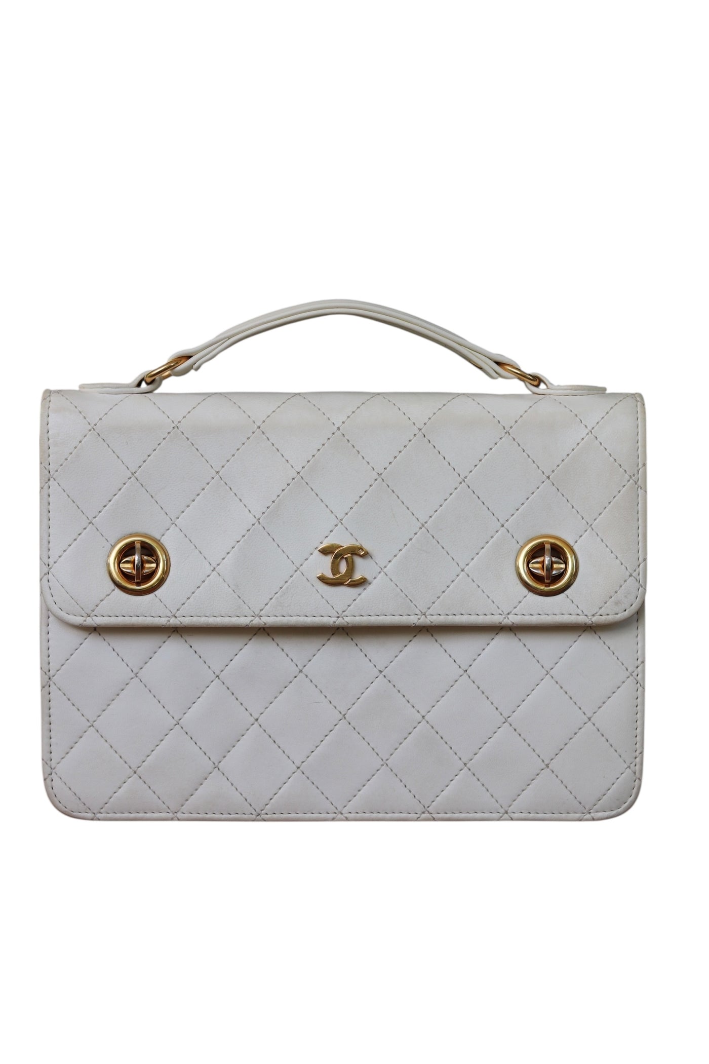 CHANEL Rare Vintage Double Turnlock Briefcase Quilted Lambskin White
