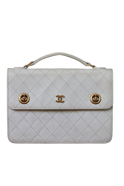 CHANEL Rare Vintage Double Turnlock Briefcase Quilted Lambskin White