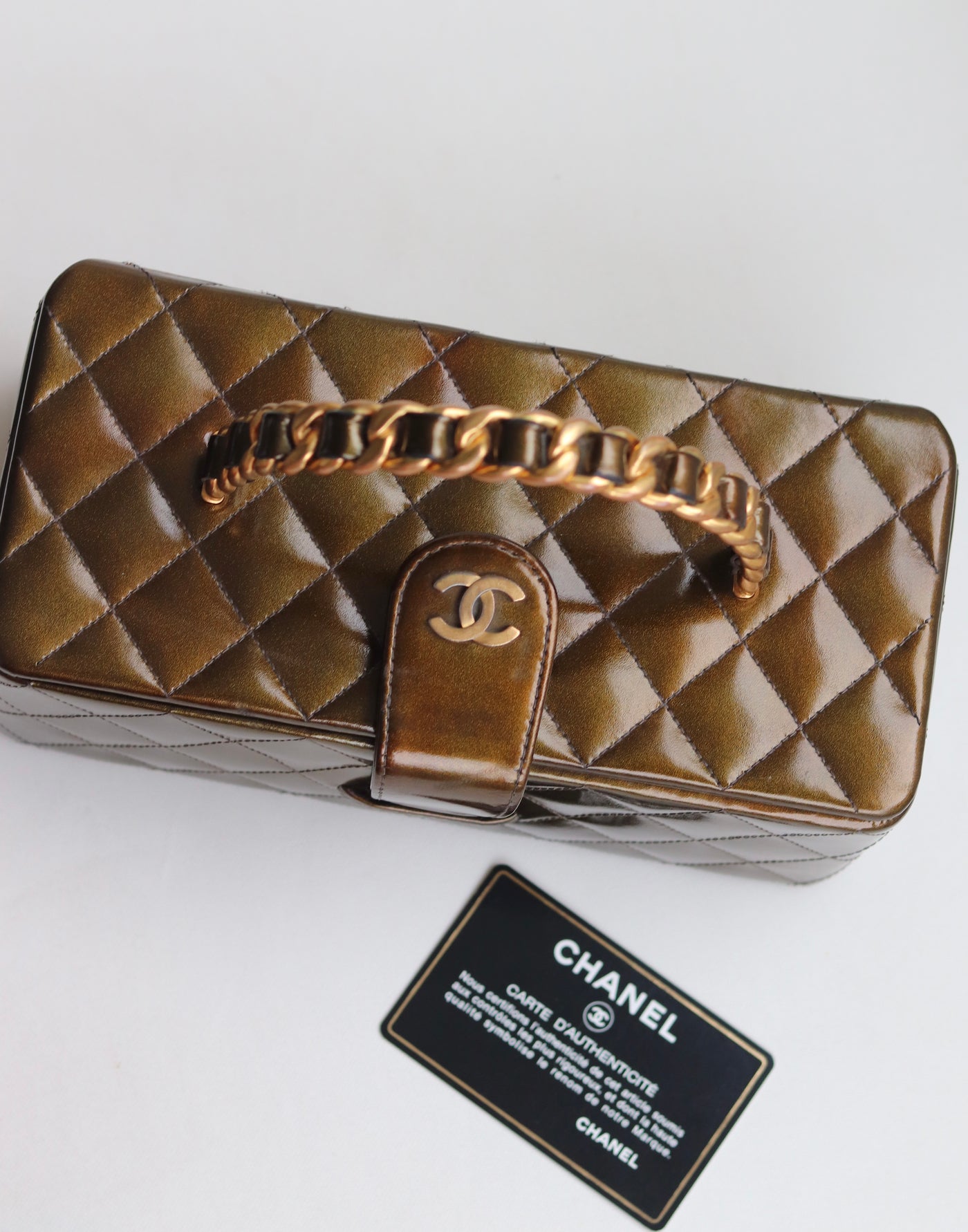 CHANEL Vanity Bag Rare Vintage Iridescent Olive Green Patent Leather