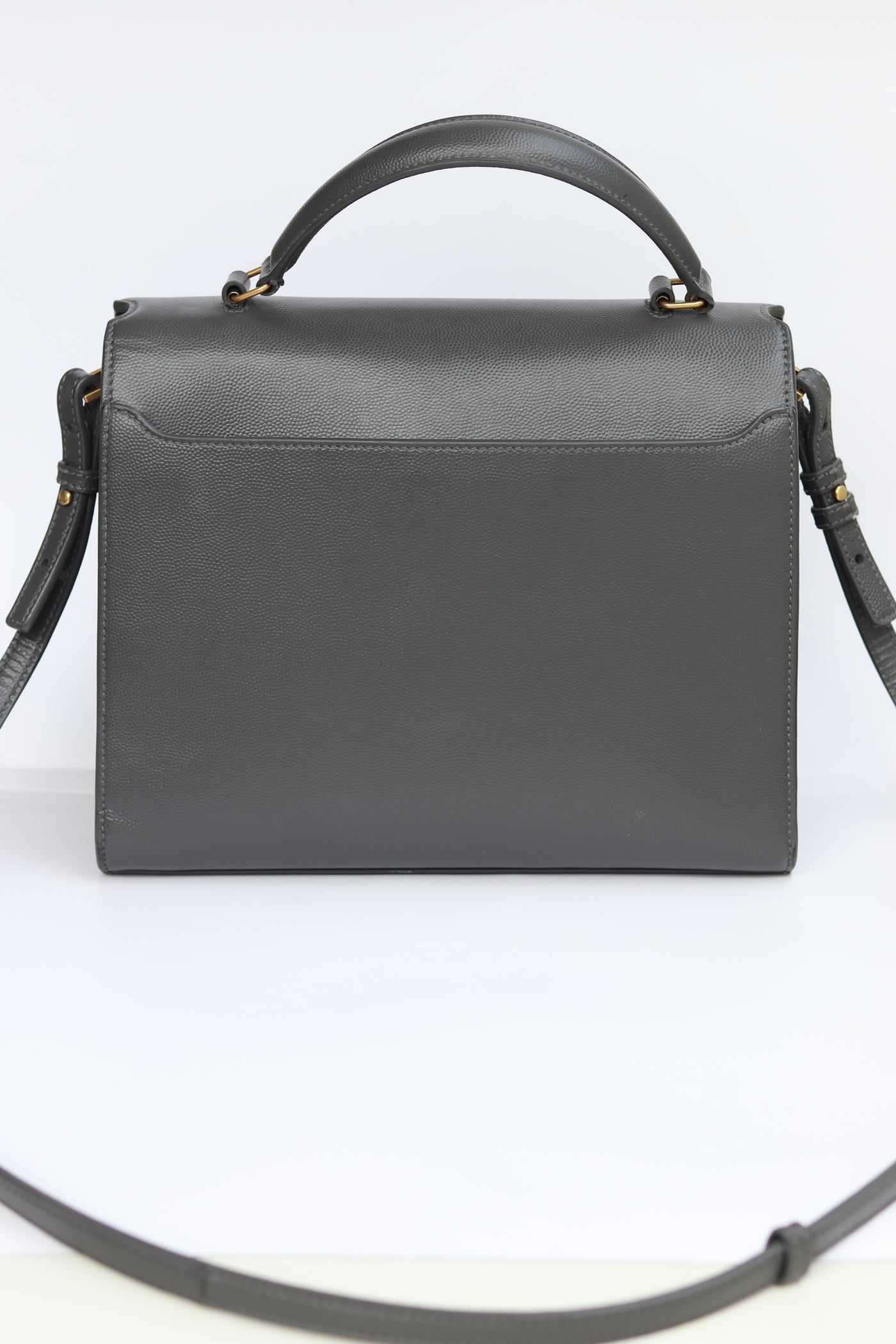 YVES SAINT LAURENT YSL CASSANDRA MEDIUM TOP HANDLE BAG IN GRAIN DE POUDRE EMBOSSED LEATHER GRAY