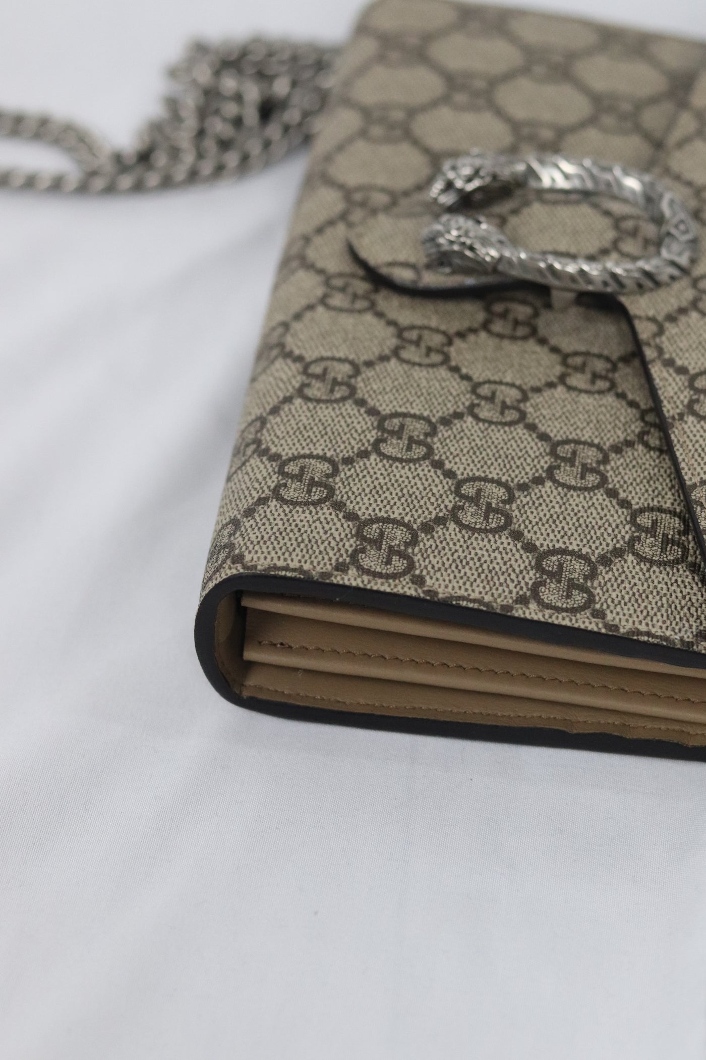 GUCCI GG Supreme Monogram Small Dionysus Chain Wallet Beige Taupe