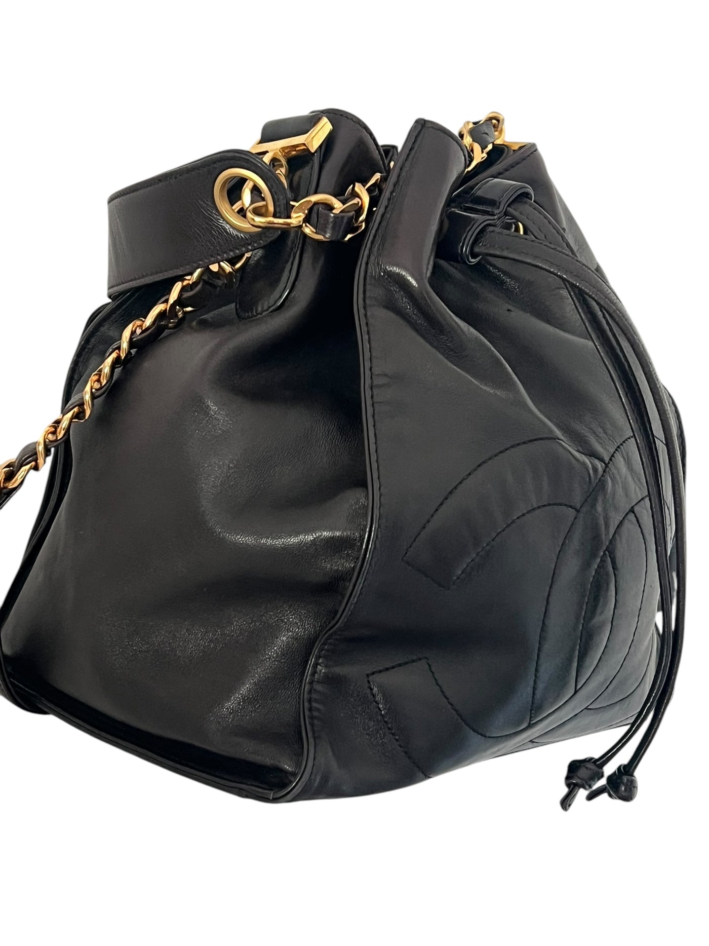 CHANEL Vintage CC Drawstring Bucket Bag Dark Brown Lambskin Small