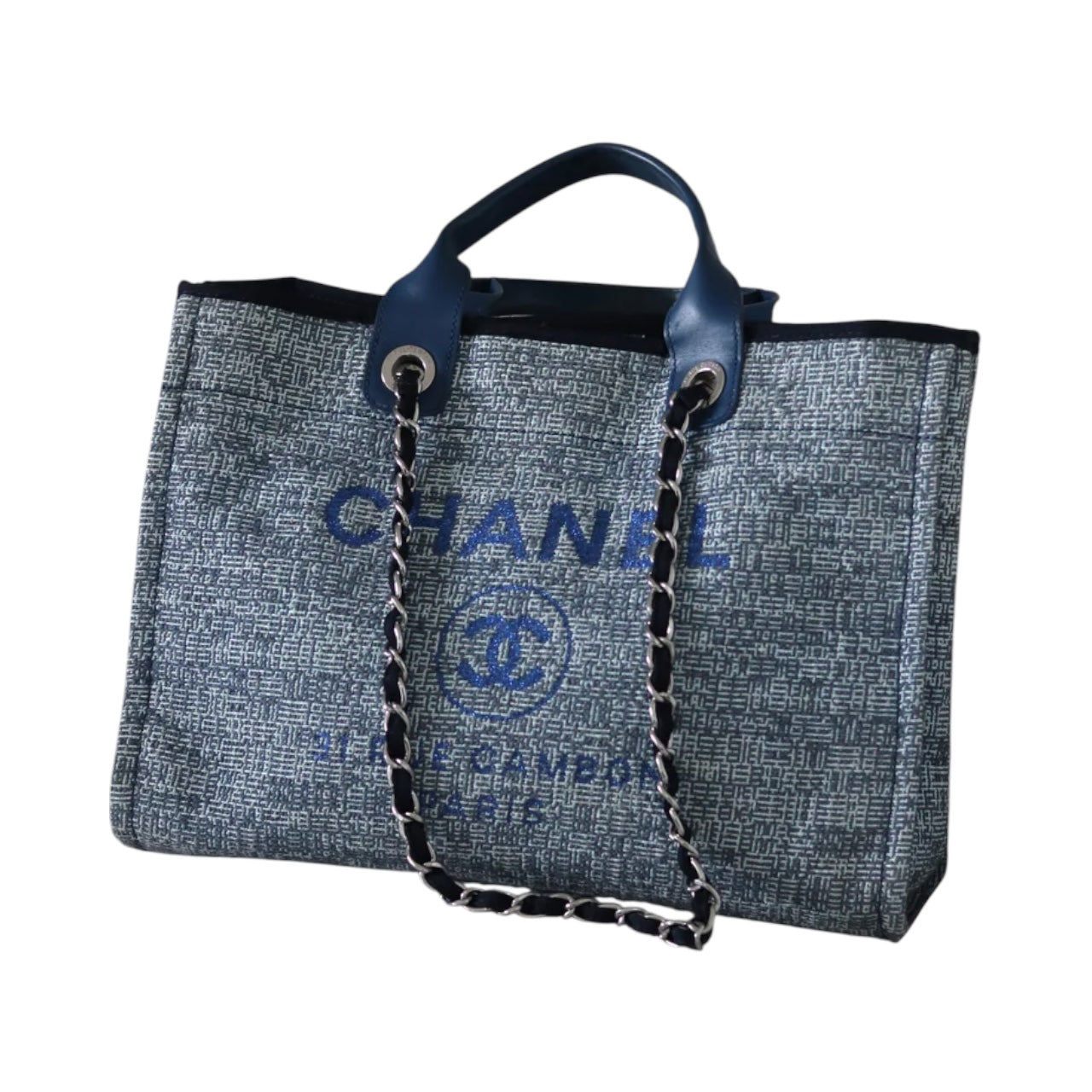 CHANEL Woven Straw Raffia Medium Deauville Tote Blue