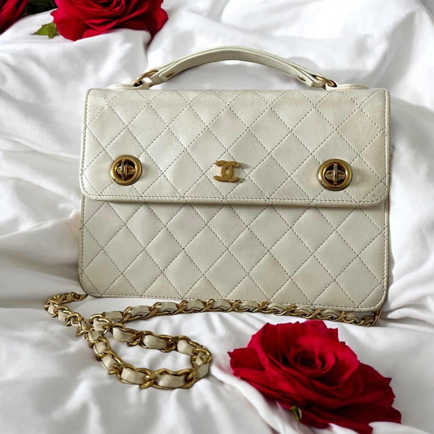 CHANEL Ultra Rare Vintage Double Turnlock Briefcase Bag Quilted Lambskin Small White