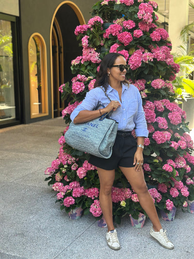 CHANEL Woven Straw Raffia Medium Deauville Tote Blue
