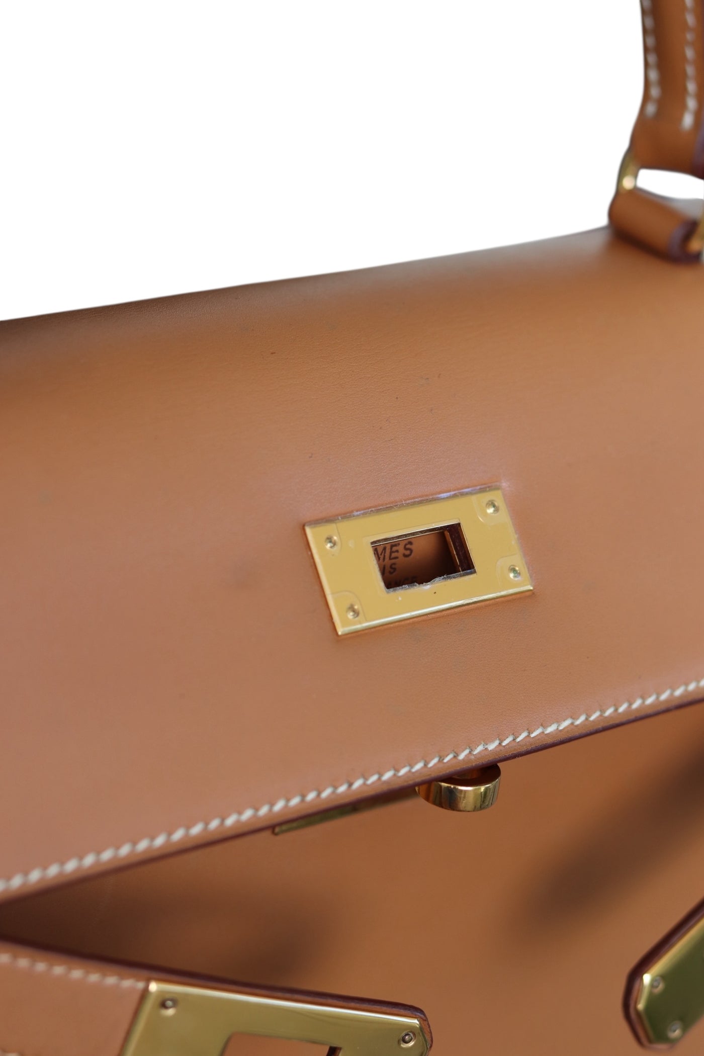 HERMES Kelly 28 SELLIER Chamonix Calf Leather Natural Gold Hardware Vintage OI Engraved