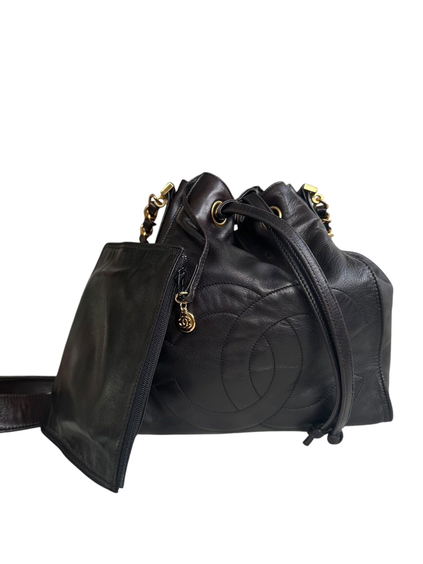 CHANEL Vintage CC Drawstring Bucket Bag Dark Brown Lambskin Small