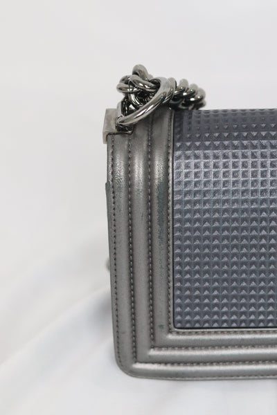 CHANEL Rare Metallic Silver Cube Embossed Small Boy Bag, Silver Hardware