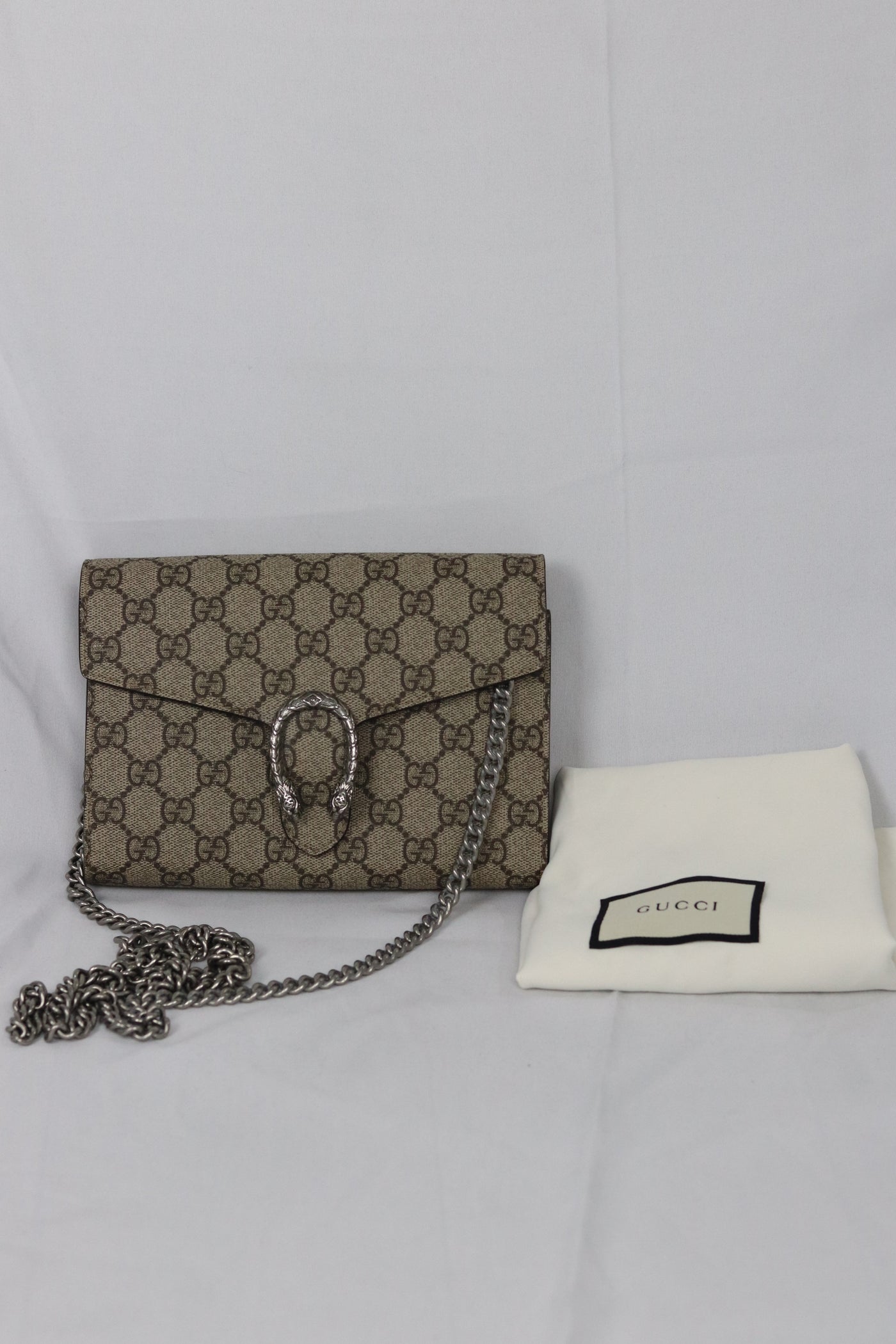 GUCCI GG Supreme Monogram Small Dionysus Chain Wallet Beige Taupe