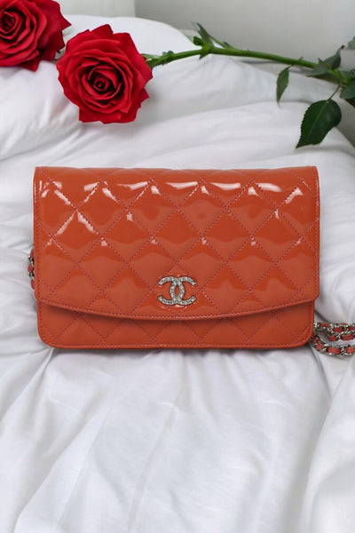 CHANEL Patent Quilted Wallet On Chain WOC Coral