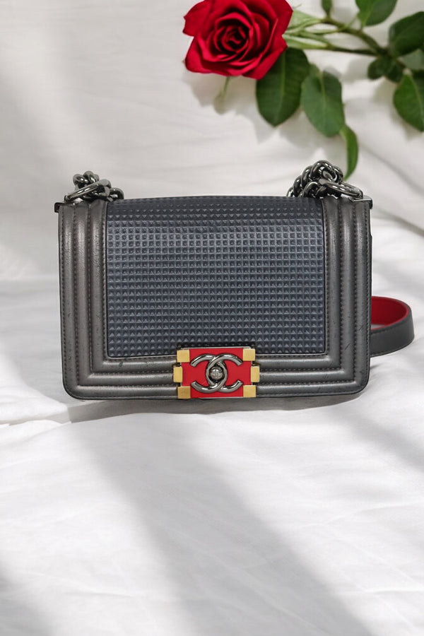 CHANEL Boy Bag Rare Metallic Silver Cube Embossed Small, Silver Hardware