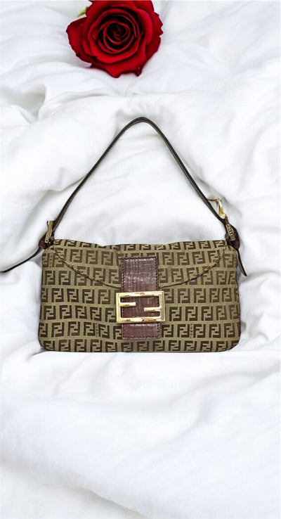 FENDI Zucchino Mamma Baguette Brown Gold Hardware