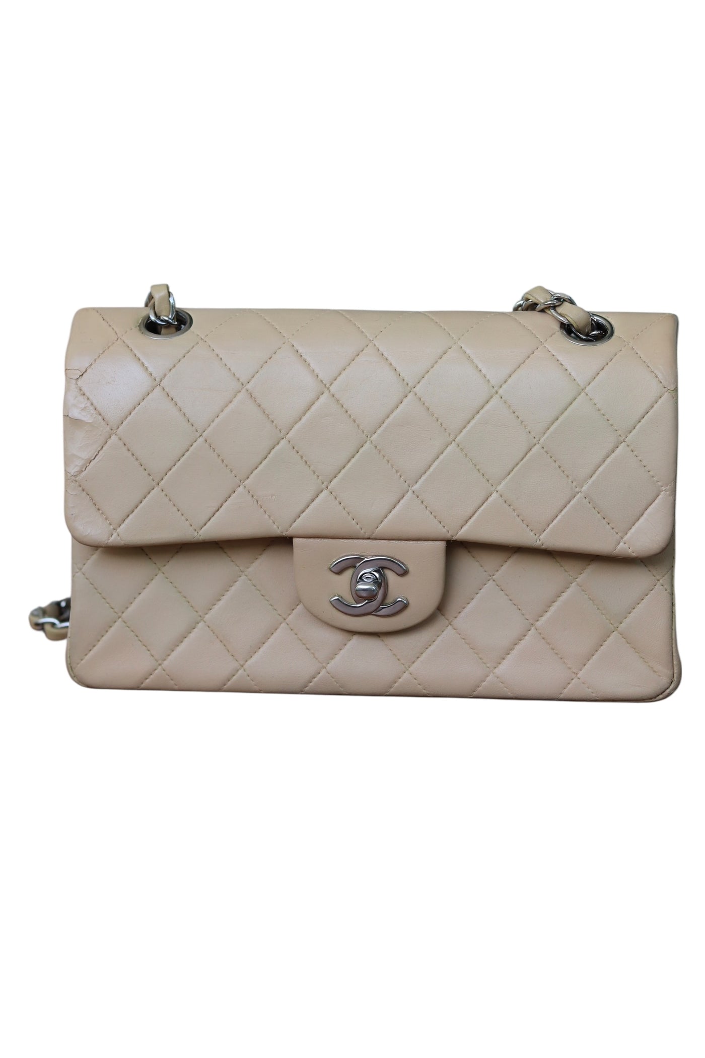 CHANEL Classic Double Flap Bag Small Vintage Beige Silver Hardware