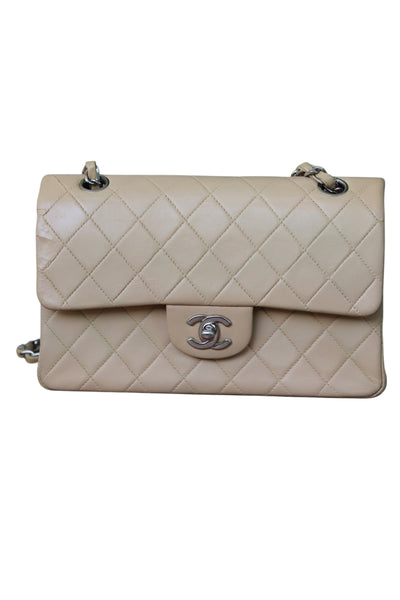 CHANEL Classic Double Flap Bag Small Vintage Beige Silver Hardware