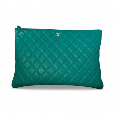 CHANEL Caviar Quilted Medium O Case Clutch Turquoise