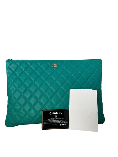 CHANEL Caviar Quilted Medium O Case Clutch Turquoise