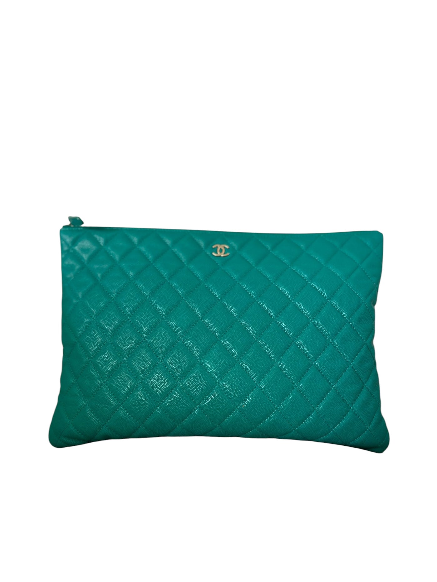 CHANEL Caviar Quilted Medium O Case Clutch Turquoise