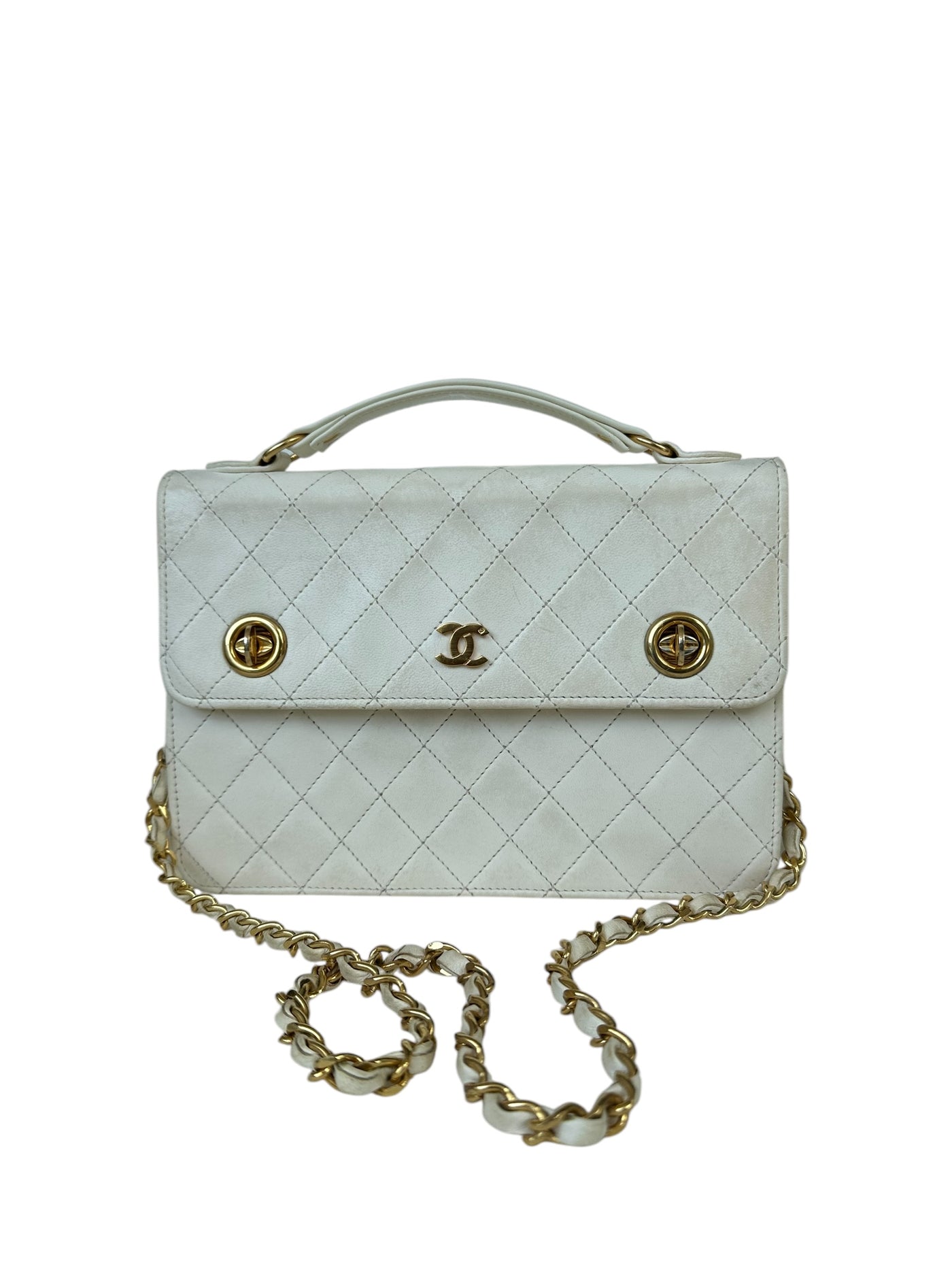 CHANEL Ultra Rare Vintage Double Turnlock Briefcase Bag Quilted Lambskin Small White