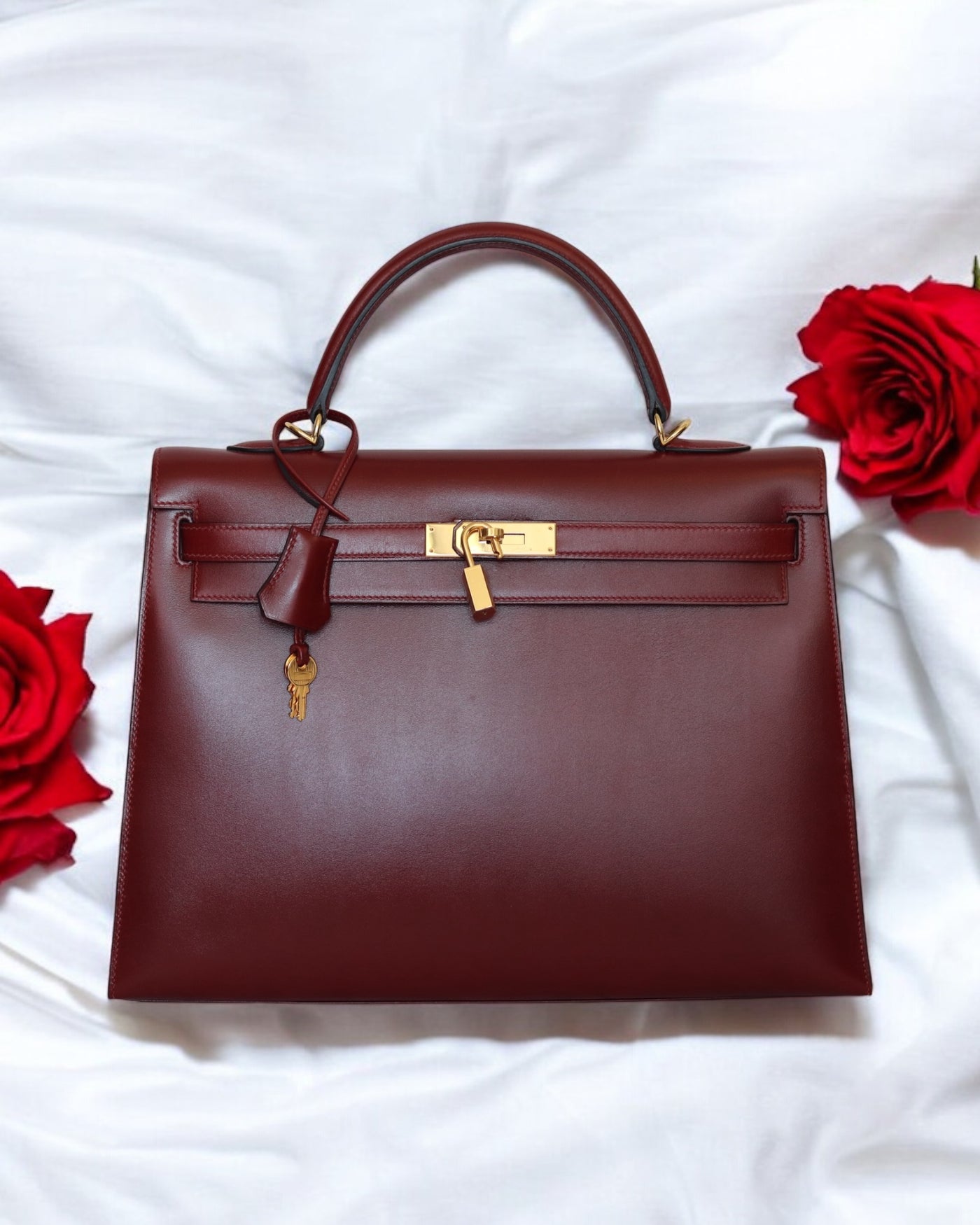 HERMES Kelly 35 Rouge H Boxcalf (Burgundy) Gold Hardware Sellier O square