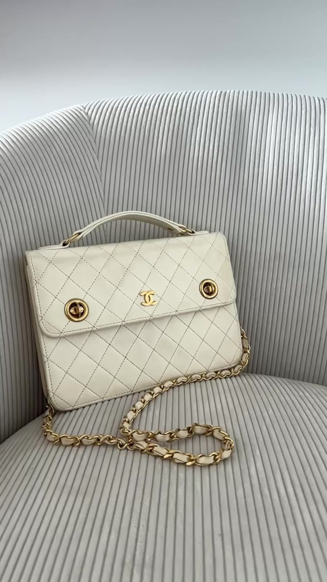 CHANEL Ultra Rare Vintage Double Turnlock Briefcase Bag Quilted Lambskin Small White