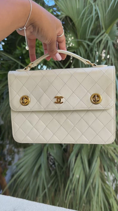 CHANEL Rare Vintage Double Turnlock Briefcase Quilted Lambskin White