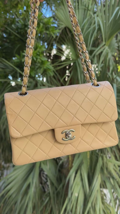 CHANEL Classic Double Flap Bag Small Vintage Beige Silver Hardware